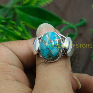 Bague en turquoise bleue et cuivre, en argent sterling 925, faite à la main, design unique, bague statement, bague avec pierres précieuses, bijoux en turquoise - Product Image 2