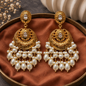 Pendientes Chandbali de Perlas Chapados en Oro Grabados de Primera Calidad, Nivel de Fábrica - Product Image 4