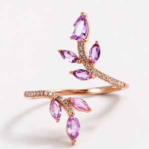 Rose Gold Leaf Design Open <b>Ring</b> with Pink Purple <b>Crystal</b> Stones Adjustable Fashion Jewelry <b>Ring</b> for Women - Product Image 1