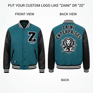 450 GSM Premium Wool Blend PU <b>Leather</b> Sleeve Stand Varsity <b>Jacket</b> Teal Black Contrast Panel Custom Front Chenille Embroidery - Product Image 1