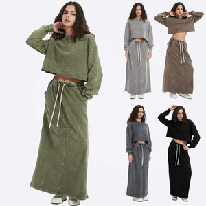 Women's Washed Cotton Tracksuit Set Crew <b>Neck</b> Crop <b>Top</b> <b>Long</b> Skirt Solid Color Full <b>Sleeve</b> Casual Loose Fit Drawstring Closure - Product Image 1