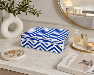 Handmade Bone Inlay Chevron <b>Box</b> Blue & White Zigzag Geometric Design Pattern Luxury Jewelry <b>Trinket</b> Decorative Storage <b>Box</b> - Product Image 1