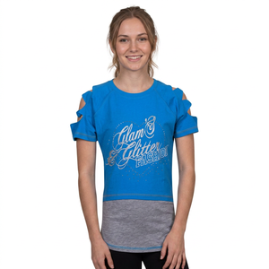 Women's Blue Cold Shoulder T-Shirt Glitter Print Letter Design Slim Fit Casual Short Sleeve Crew Neck Breathable Summer Top - Product Image 2