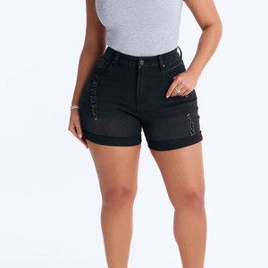 Shorts de mezclilla de verano de talle alto, pierna recta, estampados, sexys, elásticos, talla grande, con lavado arena, con botones y cremallera, de secado rápido para mujer - Product Image 1