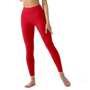 Leggings rouges taille haute, longueur intégrale, extensibles, respirants, en tricot, pantalons de yoga pour femmes, couleur unie, style basique, à porter toute l'année - Product Image 6