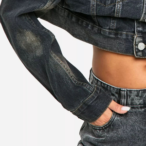 Latest Design Waist Detail Distressed Cropped Eco-Friendly Cotton <b>Denim</b> <b>Jacket</b> Long Sleeve Designed Women All - Product Image 6