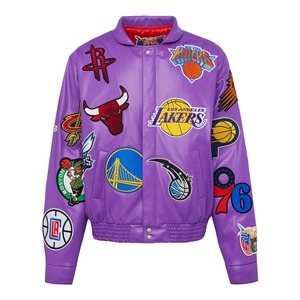 เสื้อแจ็คเก็ตหนังวีแกนแบบคอลลาจ สีม่วง - Product Image 1