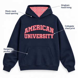 <b>American</b> University Navy Blue Hooded Sweatshirt Women's Fleece Cotton Pullover Autumn Casual Wear Regular Length Full Sleeve - Product Image 5