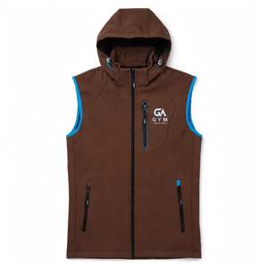 GYM Active <b>Brown</b> Hooded Fleece <b>Vest</b> Breathable Unisex Zipper Pockets Logo Front Casual Autumn Washed Nylon/Cotton Hooded Stand - Product Image 4