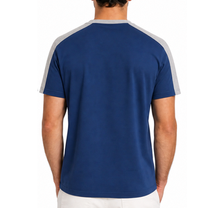 Camiseta clásica personalizada con logo OEM para hombre, manga raglán, panel de hombro en contraste, azul real, gris, lisa. - Product Image 4