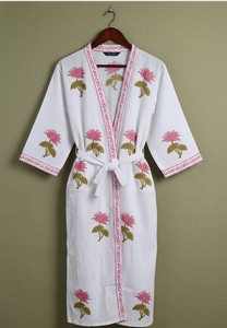 Unisex Organic Cotton <b>Waffle</b> Robe Hand <b>Block</b> Floral Printed Breathable Bridesmaid Bathrobe for Men and Women Sleepwear Kimono - Product Image 3