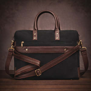 Sacoche pour ordinateur portable classique en toile, couleur noire, bicolore, durable, sac de bureau professionnel avec poignées en cuir et bandoulière - Product Image 1