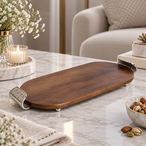 Plateau de service en bois de luxe avec poignées en métal argenté, design Art Déco, pour table à manger, décoration intérieure et réceptions - Product Image 2