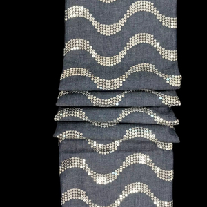 Hot Sale Premium <b>Navy</b> Blue Denim Fabric with Silver Sequin Wave Embroidery - 100% Cotton Base Sequin Work Material - Product Image 1