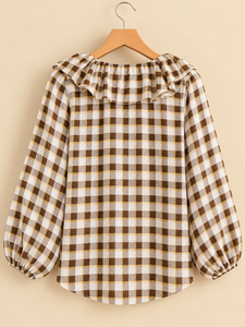 เสื้อชีฟองลายสก๊อตสำหรับผู้หญิงพร้อมปกจับจีบและแขนทรงบอลลูนเสื้อทรงหลวมลำลองสำหรับสวมใส่ในชีวิตประจำวัน - Product Image 1