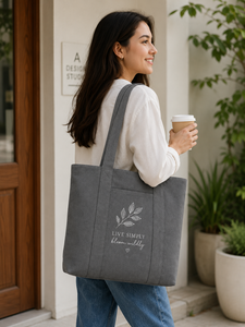 Sac fourre-tout en toile de coton gris avec fermeture éclair, pour le shopping et les voyages, motif feuilles 'Live Simply Bloom Wildly', 36x40x12 cm, capacité 17-20L - Product Image 5