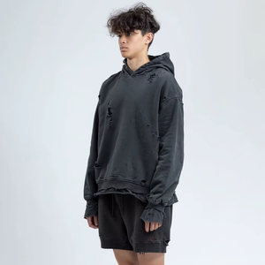 Wholesale Custom Outdoor Clothing Fashion Fleece Cotton Hoodie Men Streetwear Distressed Hoodies - Product Image 2