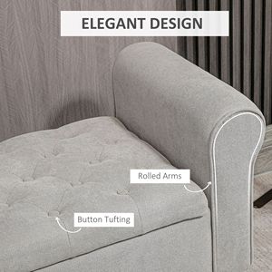 Panca contenitore imbottita grigia da 50 pollici con bottoni, braccioli arrotolati e gambe in legno, per il fondo del letto - Product Image 6