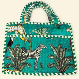 Sac fourre-tout de luxe en coton à imprimé jungle turquoise pour femme, avec fermeture éclair, poignée d'épaule et passepoil contrastant, sac maître de collection pour la plage et les stations balnéaires - Product Image 5