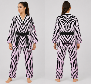 Kimono de BJJ pour femmes, imprimé zèbre rose et noir, polyester, uniforme d'arts martiaux, coupe régulière, taille adulte - Product Image 6