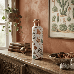 Botella de Agua de Cobre Hecha a Mano con Estampado de Hojas Botánicas Coloridas, Tapa de Rosca Hermética, Frasco Ayurvédico para Beber, Ideal para Regalo de Oficina - Product Image 3