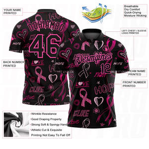 เสื้อโปโลผู้ชาย แขนสั้น ผ้าเจอร์ซีย์ พิมพ์ลาย แห้งเร็ว สีดำชมพู พร้อมริบบิ้นสีชมพู สำหรับรณรงค์เรื่องการรักษาระยะการพัฒนาของมะเร็งเต้านม เหมาะสำหรับเล่นกอล์ฟ - Product Image 3
