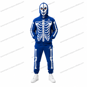 Sudadera con capucha azul gótica para hombre con estampado de calavera, chaqueta con cremallera completa, sudadera con gráfico de huesos, ropa urbana de Halloween, logotipo personalizado impreso - Product Image 2