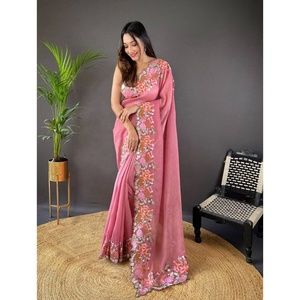 Sari de fête Fatema de haute qualité en soie douce et brillante multicolore, avec travail de perles, chemisier ethnique, vêtement pour femmes - Product Image 1