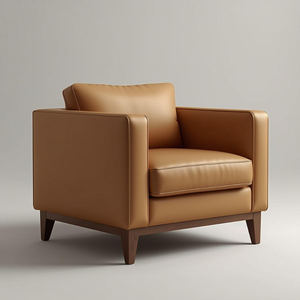Sillón de Cuero Estilo Moderno de Mediados de Siglo, Color Marrón Cognac, con Patas Cónicas de Madera Maciza, Elegante Sillón para Sala de Estar, Muebles para el Hogar - Product Image 2