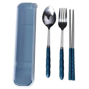 Ensemble de couverts de voyage en acier inoxydable 3 pièces avec cuillère, fourchette et baguettes, réutilisables, portables, pour les voyages, le bureau et le camping - Product Image 2