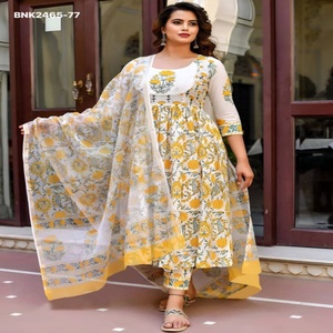 New Arrival Cotton <b>Blend</b> with Printed Design Anarkali Kurti-Pant & Dupatta Set Worldwide Supplier Exporter Woman Fashion - Product Image 1