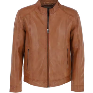 แจ็คเก็ตหนังสไตล์ไบค์เกอร์คลาสสิกสำหรับผู้ชายรุ่นใหม่ล่าสุดปี 2024 พร้อมปกคอตั้งและดีไซน์กันลม - Product Image 3