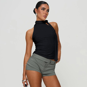Women's Pink Halter <b>Neck</b> Ruched Tank Top Solid Knitted Sleeveless Casual Breathable Spandex Cotton Short Length Fixed <b>Pad</b> Top - Product Image 6