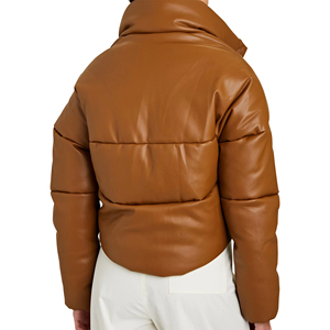 Custom Faux <b>Leather</b> Coat Warm <b>Brown</b> Oversized Stand Collar <b>Leather</b> Puffer <b>Jacket</b> - Product Image 2