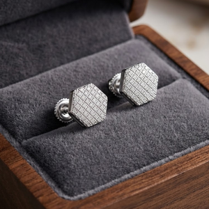0.75 TCW Real Diamond Stud <b>Earrings</b> 14K White Gold Round Cut Cluster | Hexagon Design Screw <b>Back</b> Women Fine Jewelry Style Gift - Product Image 4