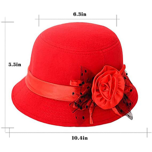 Chapeau Fedora en lin rouge élégant avec bande en satin à fleur de rose, chapeau d'église classique vintage pour femme, cloche de fête printemps automne - Product Image 4