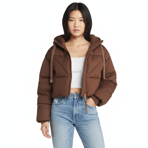 Doudoune matelassée pour femme en polyester garnie de duvet, avec garniture en peau de mouton, à rayures, fentes latérales, ourlet élastique, design puffer, manteau d'hiver à capuche - Product Image 1