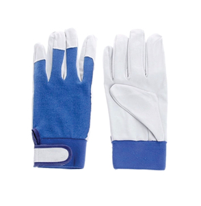 Leather Safety <b>Gloves</b> White with Blue <b>Knit</b> Wrist Anti-Slip Full Texture Anti-static Anti-Cut 4 Mil Thick General Purpose - Product Image 1