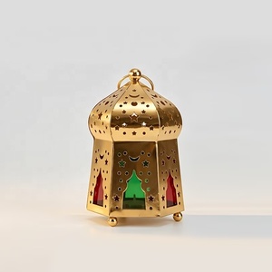 Charming <b>Gold</b> Moroccan <b>Lantern</b> with Color Glass Panels Star Moon Cutwork Candle Holder for Ramadan Home Table Decor - Product Image 1