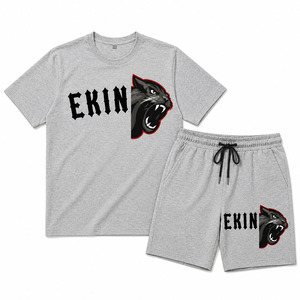 Ensemble t-shirt et short en coton gris pour homme Ekin, col rond, vêtements décontractés d'été avec impression du logo du panthère - Product Image 1