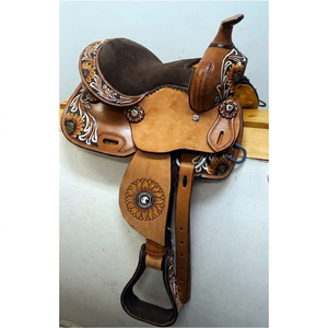 Selle Western pour enfant en cuir véritable de qualité supérieure avec ensemble de harnais, motif floral tournesol, courbée, personnalisable en couleur et taille - Product Image 2