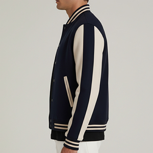 Men's Varsity Jacket Navy Beige Fleece Embroidered Logo Front Casual Autumn Wear Regular Fit Turn-down Collar - Product Image 3