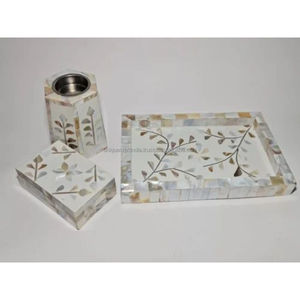 Elegant white mother of pearl incense tray set with floral vine inlay handmade luxury decor accessory for homes - Product Image 1