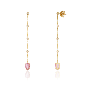 Hot Selling Products New Design 14K Yellow Gold Carving Leaf Shape Pink Tourmaline & <b>Diamond</b> Long <b>Dangle</b> <b>Earrings</b> Dainty Jewelry - Product Image 5