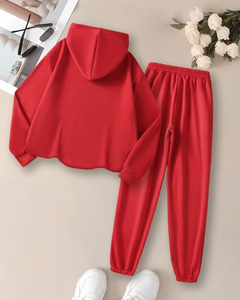 Women Red Hooded Sweatshirt Jogger Set Solid Color Two Piece Tracksuit Casual Regular Fit Full Sleeve Fleece Sportswear - Product Image 2