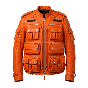 Custom <b>Mens</b> Orange Multi Pocket <b>Utility</b> Leather <b>Jacket</b> Wholesale High Quality Streetwear Outerwear Supplier OEM Manufacture - Product Image 1