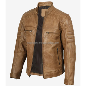 Chaqueta de Cuero Genuino de Vaca Marrón para Hombre, Premium, OEM, con Cuello Alto, Cierre de Cremallera, Corte Regular, Estilo Motero, para Invierno - Product Image 3