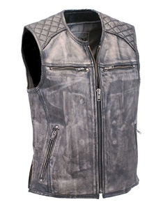 Gilet matelassé sans manches en cuir lavé écologique pour homme, col en V, style motard, avec fermeture éclair, pour l'hiver - Product Image 1