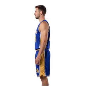 Conjunto de uniforme de baloncesto personalizado para hombre, camiseta sin mangas con cuello en V, estampado con nombre y número, pantalones cortos con paneles laterales en contraste, secado rápido y transpirable - Product Image 6