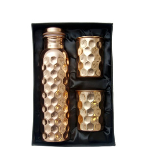 Pure Copper Water <b>Bottle</b> with Two Glass Hammered Design For Hydration Ayurveda Benefits Drinkware Outdoor <b>Bottle</b> With Packaging - Product Image 1